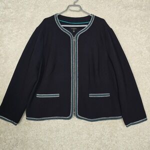 Talbots Jacket Womens 24W Navy Blue Braided Trim Zip Front Blazer Office Casual